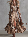 Esther | Robe Maxi Imprimé Reptile Marron Vintage à Double Bretelle et Fente