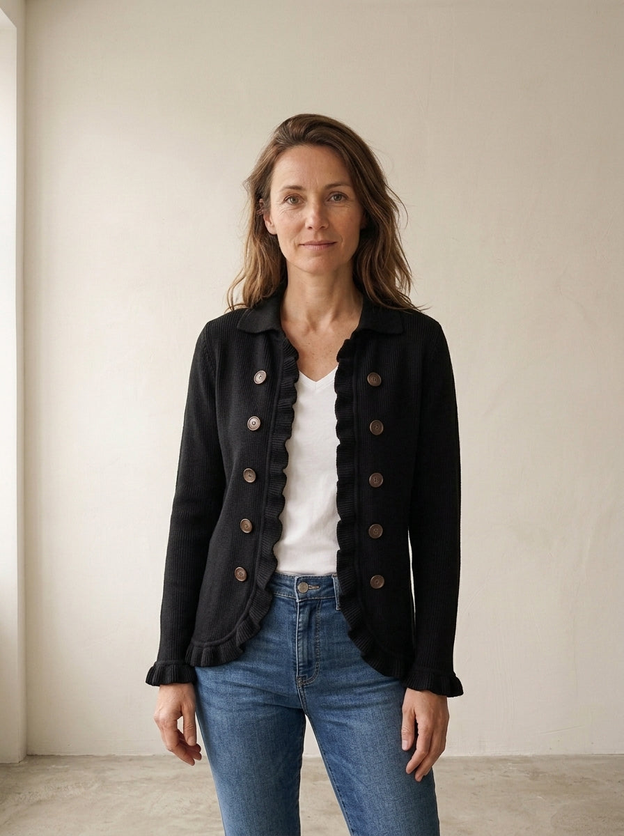 Zélie | Veste en Maille Côtelée Noir Intense à Volants