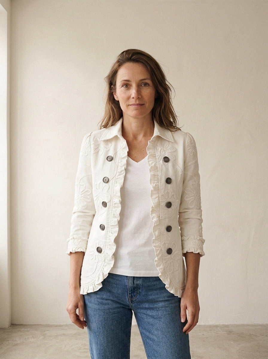 Camille | Veste Bohème-Chic Brodée Fleurs Ivoire à Finitions Froncées