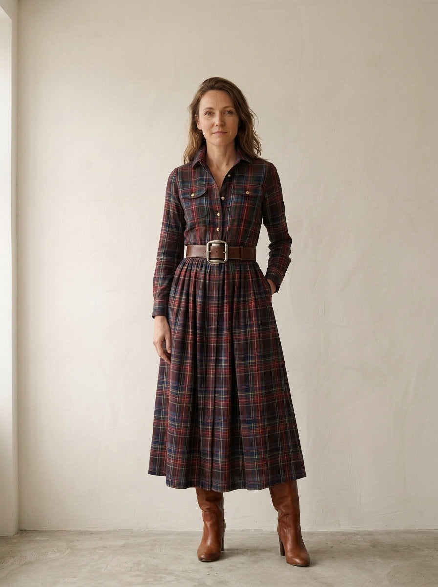 Béatrice | Robe Longue à Carreaux avec Ceinture