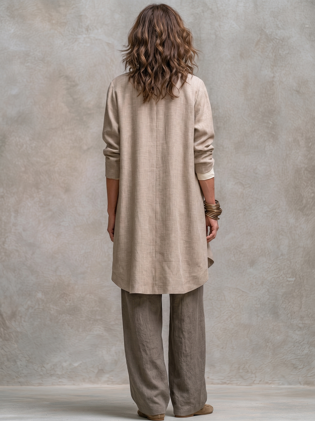 Constance | Ensemble Trois Pièces Beige et Gris, Décontracté à Superpositions avec Pantalon Palazzo, Élégant