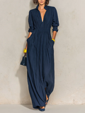 Azurine | Robe Longue Plissée Bleu Marine à Décolleté en V