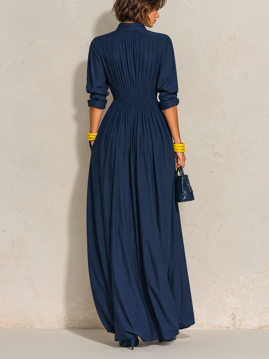 Azurine | Robe Longue Plissée Bleu Marine à Décolleté en V