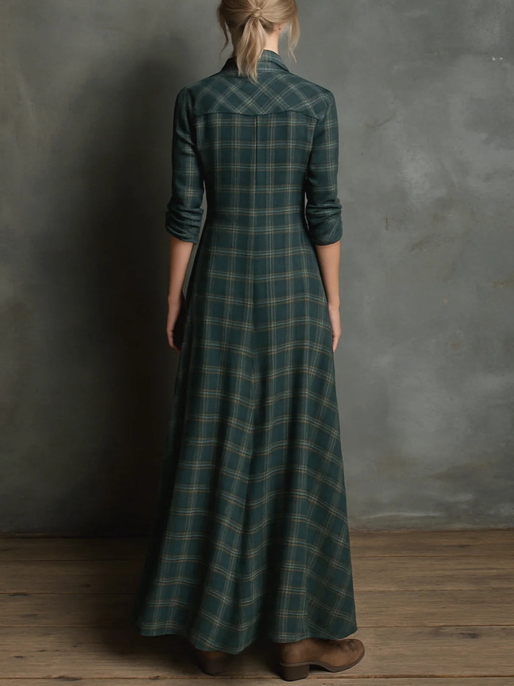 Valentine | Robe Longue Chemise à Col à Carreaux Verts