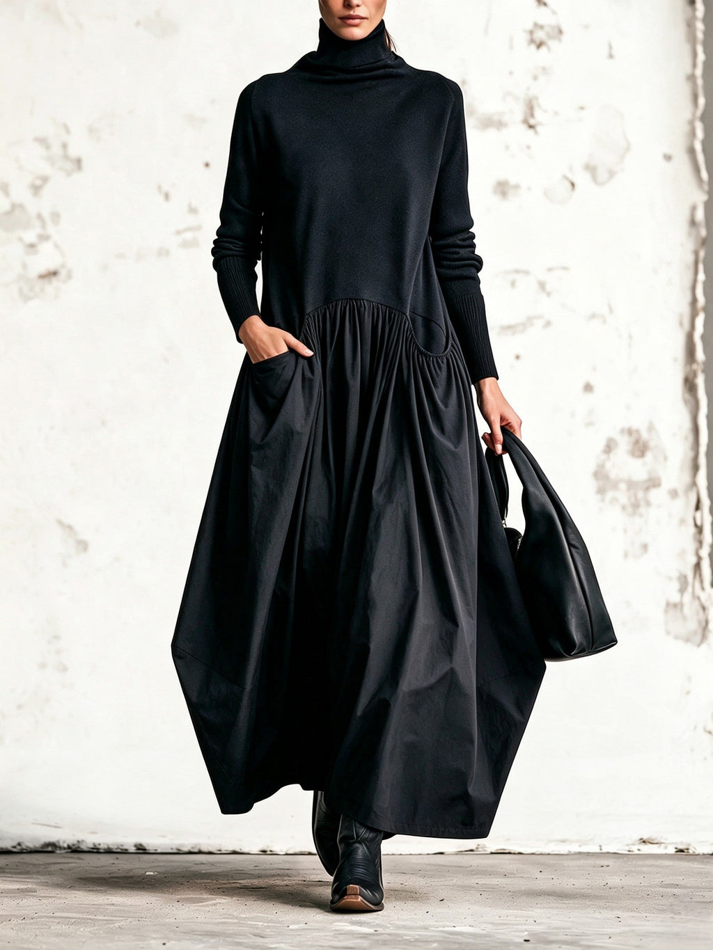 Odette | Robe Maxi Noire Oversize à Col Montant