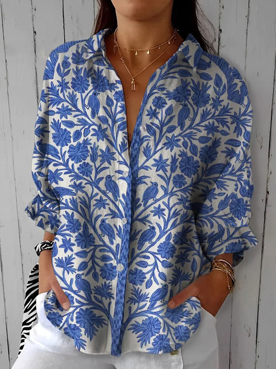 Frédérique™ | Blouse Bleue à Motif Jardin